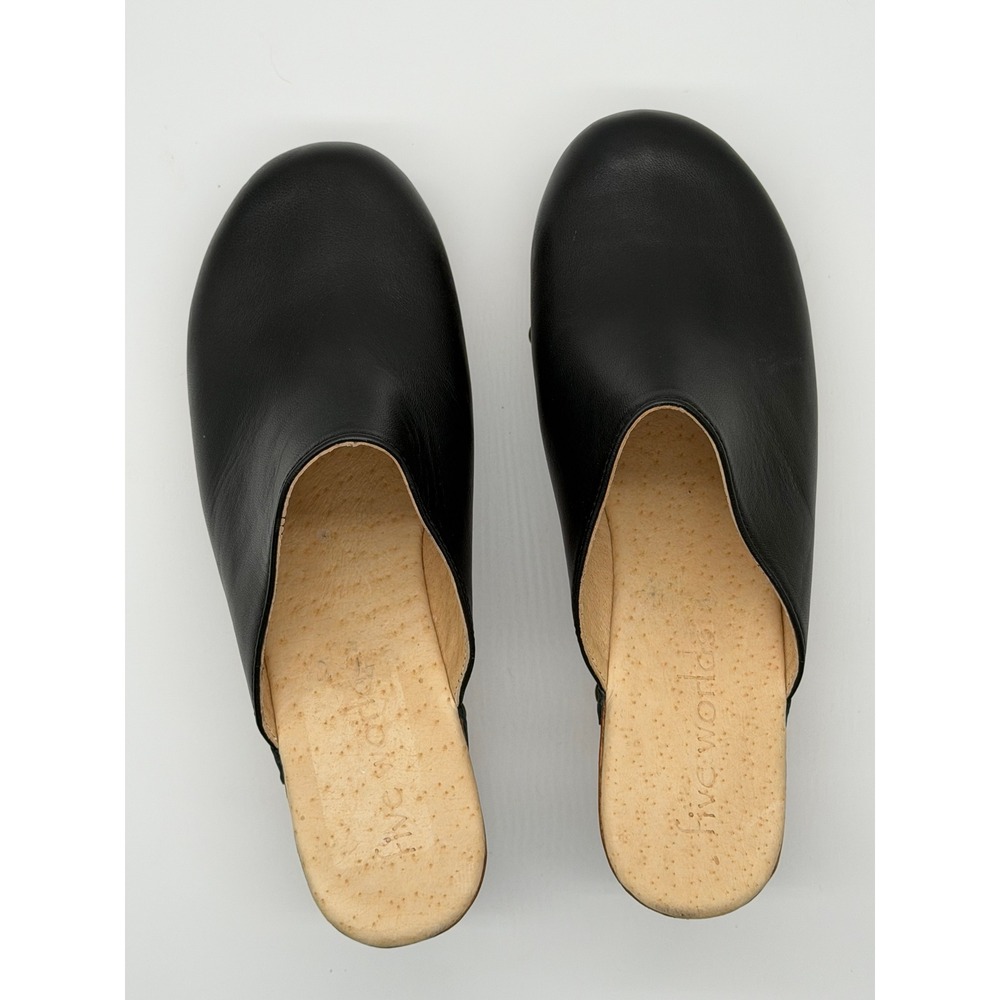 Anthropologie Five Worlds Clogs Sz 10 Black Leather Wood Platform Studded Mules - Picture 6 of 14